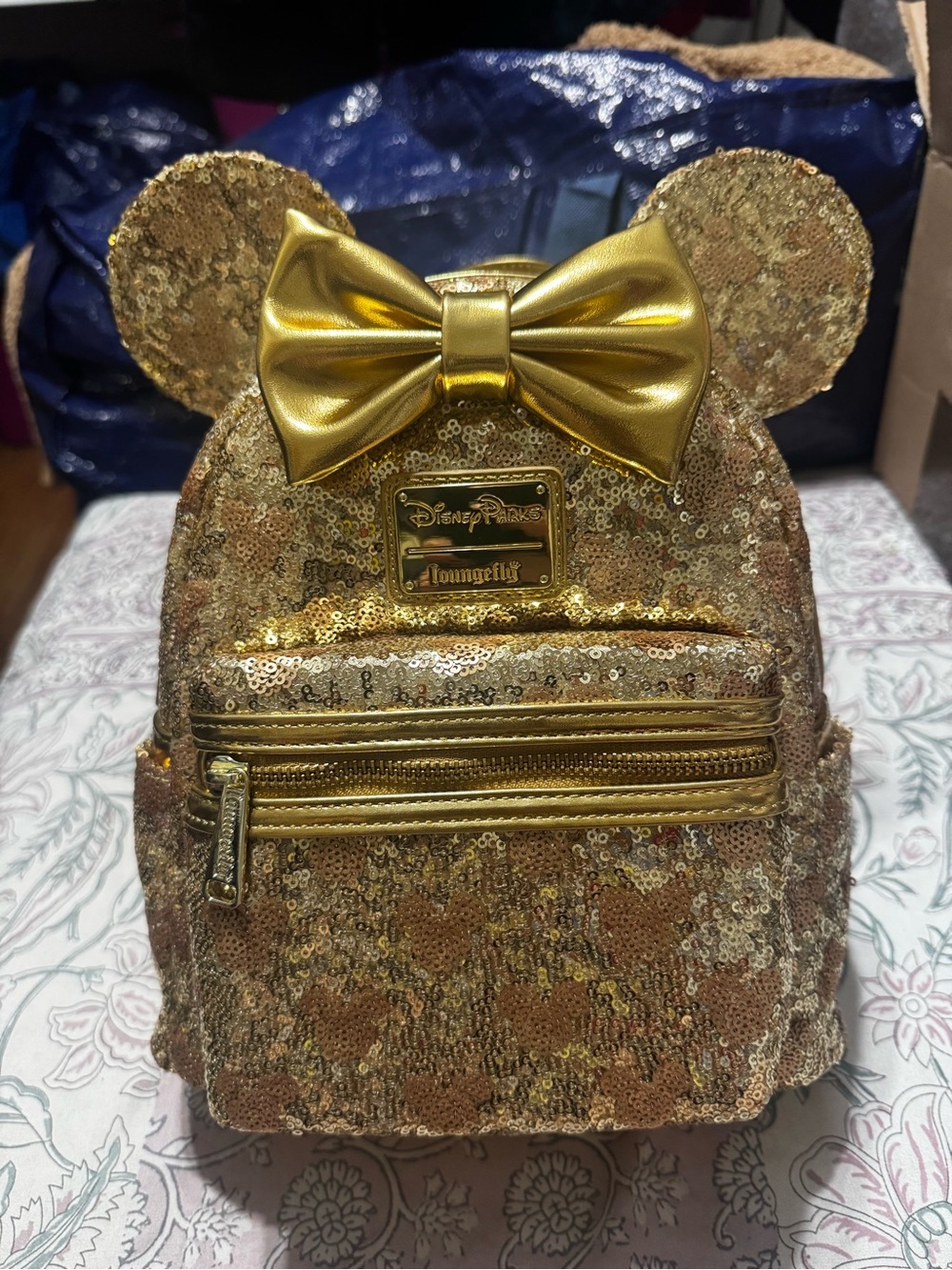 Disney Gold Sequin Minnie Ear Mini Backpack with Metallic Bow